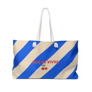 Französischer Stil, Joie de Vivre Wochenendtasche - Reisen mit Stil, schicke Pooltasche, süße Strandtasche, Wochenendtasche für Frauen, blaue Streifen