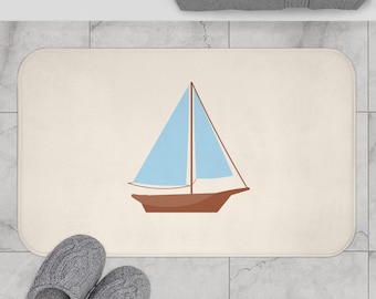 Nautical Vintage Sailboat Bath Mat, CREAM — Soft Coastal Bathroom Rug
