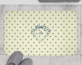 Polka Dot "Le Bain" Bath Mat, Feminine Decor,  Cream & Sage Green Bathroom Rug