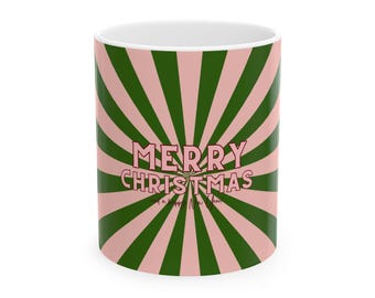 Christmas Peppermint Mug, Pink/Green — Whimsical 'Merry Christmas' Holiday Coffee Cup (11oz & 15oz)