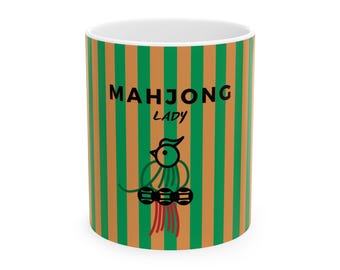 Mahjong Lady Ceramic Mug , Game Day, Green & Orange Striped Mahjong Tiles Design (11oz/15oz)