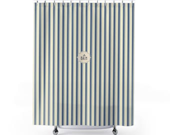 Le Bain Striped French Blue Shower Curtain | Nautical French Men’s Bathroom