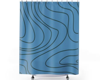 Azure Blue Abstract Wave Shower Curtain, Dark Bathroom Decor