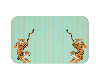 Fiercely Feminine Bath Mat, Pastel Turquoise Striped  Rug with Tigers