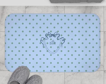 Polka Dot "Le Bain" Bath Mat, Feminine Decor, French Pastel Blue & Sage Green Bathroom Rug