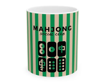Mahjong Social Club Ceramic Mug,  Green Striped Game Night Cup