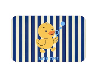 Cute Rubber Ducky Bath Mat — Navy Striped Kids Bathroom Rug