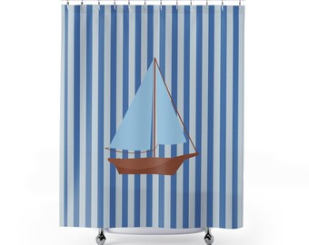 Nautical Blue Striped Shower Curtain with Vintage Sailboat — Coastal Bathroom Decor