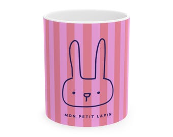 Whimsical Bunny Ceramic Mug, Mon Petit Lapin, Cute Easter Mug for Adults and Kids, Cute Tea Cup, Easter Theme Drinkware, Rabbit Lover