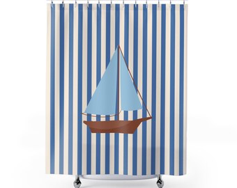 Nautical Cream Striped Shower Curtain with Vintage Sailboat — Coastal Bathroom Decor