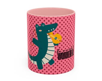 Crocodile "Be Weird & Wonderful" Coffee Mug,  Playful Pink Polka Dot Accent Mug
