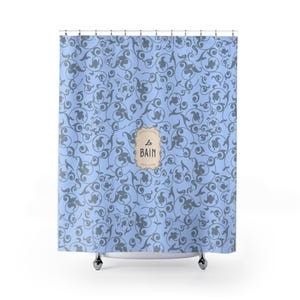 French Script 'Le Bain' Elegant Shower Curtain | Blue Vintage Bath