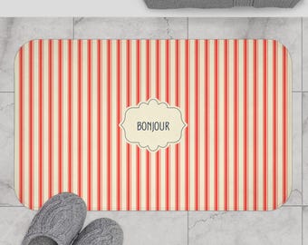Bonjour RED Stripe Bath Mat — Vintage French Bathroom Rug