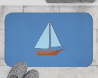 Nautical Vintage Sailboat Bath Mat, FRENCH BLUE — Soft Coastal Bathroom Rug