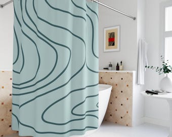 Light Aqua/Azure Abstract Wave Shower Curtain, Modern Bathroom Decor