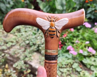 Hand Carved Wooden Walking Cane, Beekeeper Gift, Honey Bee Handle