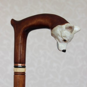 Spitz white walking cane Wood dog Hand carved handle and simple staff Wooden handmade gift from Ukraine Hiking stick Canes and walking stick