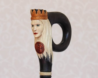 Black Walking Cane for Women: "Dark Queen" Carved Hiking Stick