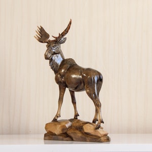 Hand Carved Wooden Moose Figurine: Removable Antlers, Folk Art Decor (L11&quot;x H15&quot;x W5&quot;)
