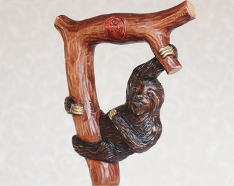 Hand Carved Sloth Walking Cane: Wooden Hiking Stick
