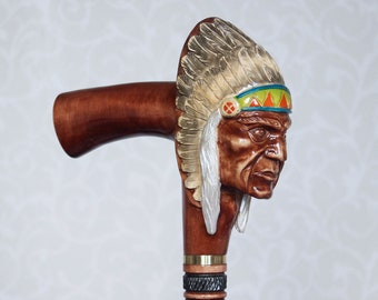Hand Carved American Indian Chief Walking Cane: Handmade Wooden Hiking Stick