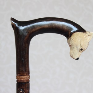 White dog walking cane Hand carved handle and staff  Wood dog Wooden handmade gift from Ukraine Hiking stick Canes and walking stick