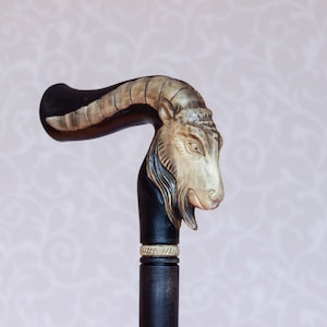 Capricorn Walking stick Hand carved cane Zodiac Capricorn gift  Black Wooden cane Hiking stick Goat carved handle Walking sticks canes