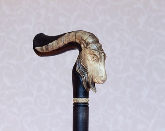 Capricorn Walking stick Hand carved cane Zodiac Capricorn gift Black Wooden cane Hiking stick Goat carved handle Walking sticks canes