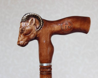 Hand Carved Ram Wooden Cane, Brown Hiking Stick