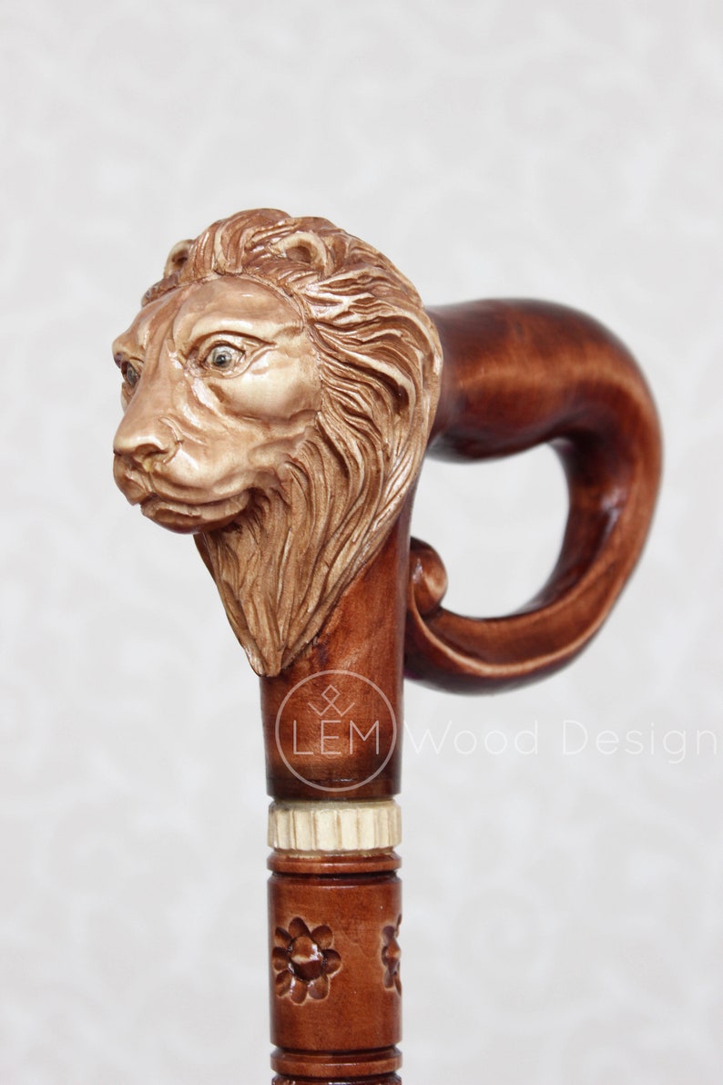 Lion Wooden cane Carved handle Walking sticks Hiking staff Etsy