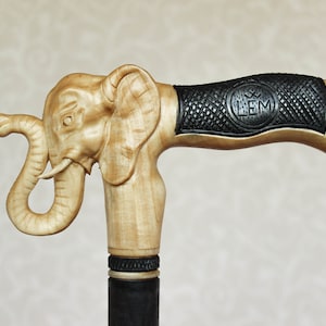 Hand Carved Elephant Walking Cane: Handmade Wooden Hiking Stick