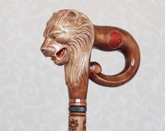 Bastón de madera con león tallado a mano: elegante bastón de senderismo