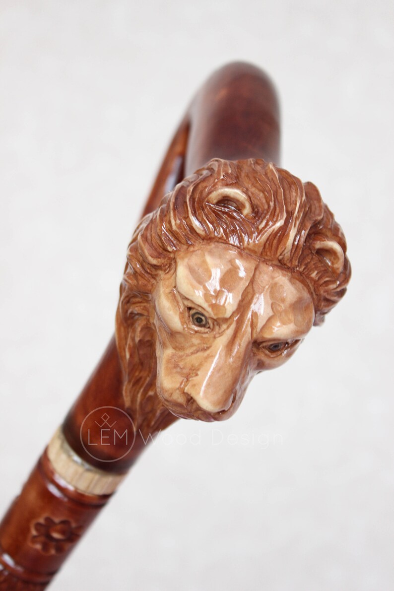 Lion Wooden cane Carved handle Walking sticks Hiking staff Etsy