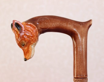 Handmade Wooden Walking Cane with Carved Fox Handle