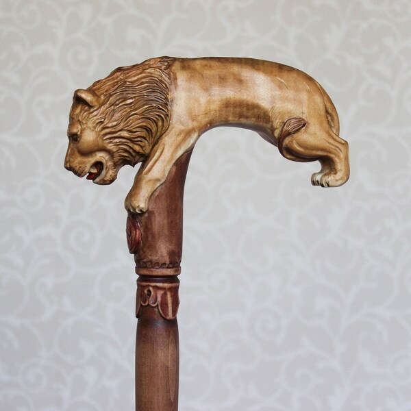 Wooden cane Lion with an open mouth Hand carvad handle and simple staff Hiking stick Carved cane Lion walking stick Canes Walkins stick cane