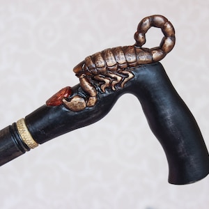 Scorpio Walking Cane: Hand Carved Zodiac Scorpion, Black Wood Hiking Stick