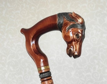 Hand Carved Wooden Walking Cane: Horse Handle Hiking Stick