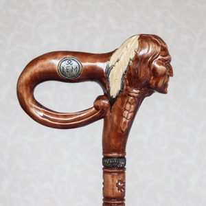 Custom walking cane with American Indian on the top Hand carved handle and shaft Hiking stick Wooden cane from Ukraine Walking sticks canes