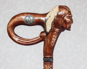 Hand Carved Wooden Walking Cane: American Indian Handle Hiking Stick