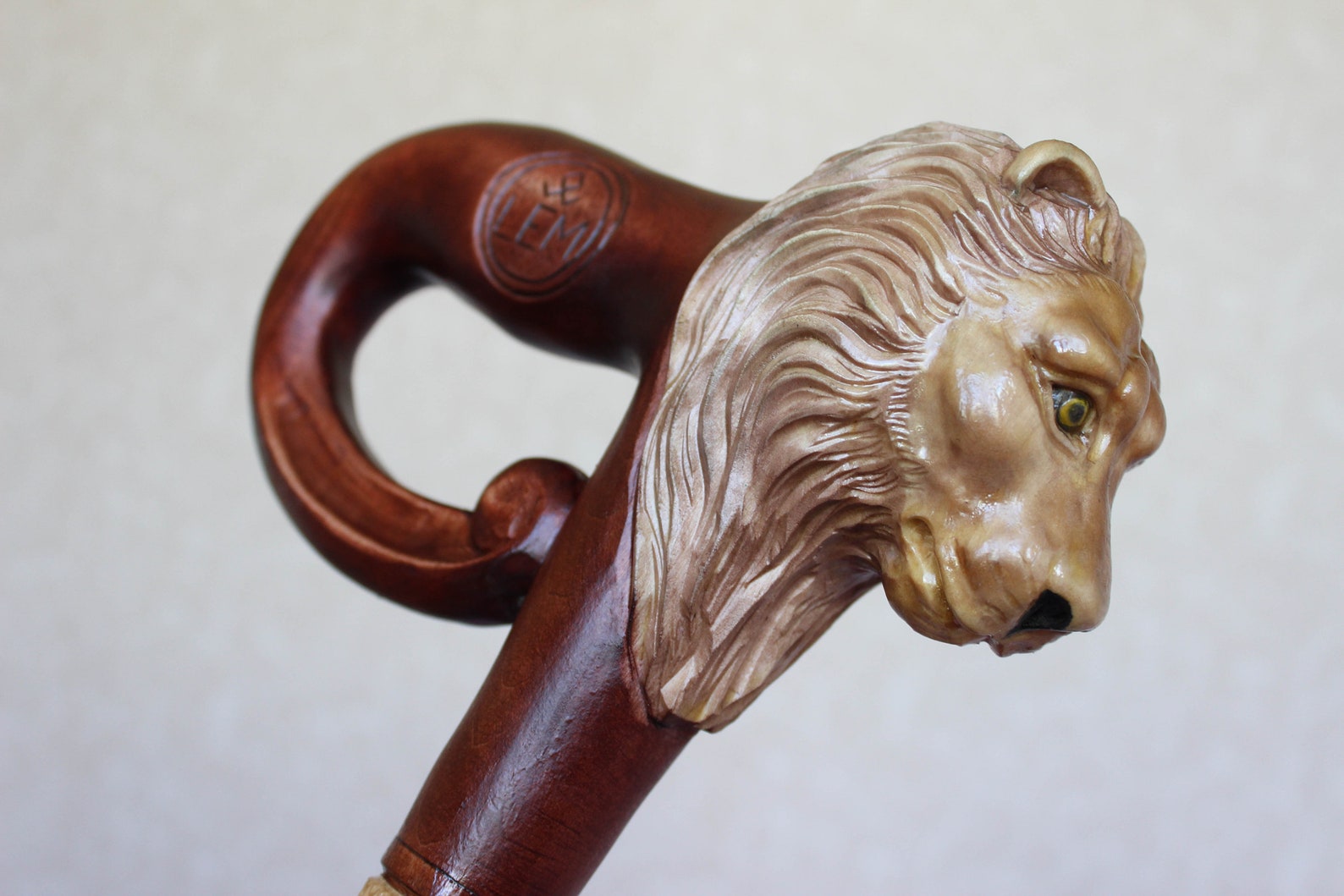 Wooden cane Lion Carved handle with simple staff Length Etsy