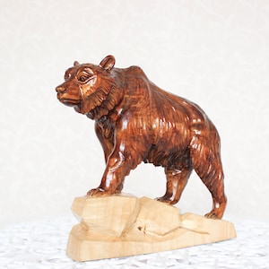 Hand Carved Wooden Bear Figurine, Detailed Grizzly Statue (7"x9")