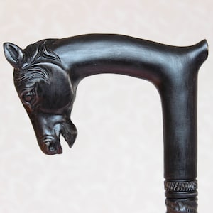 Horse wooden cane Hand carved handle Staff with horseshoes Black walking stick from Ukraine Hiking stick Wood walking canes Walking stick