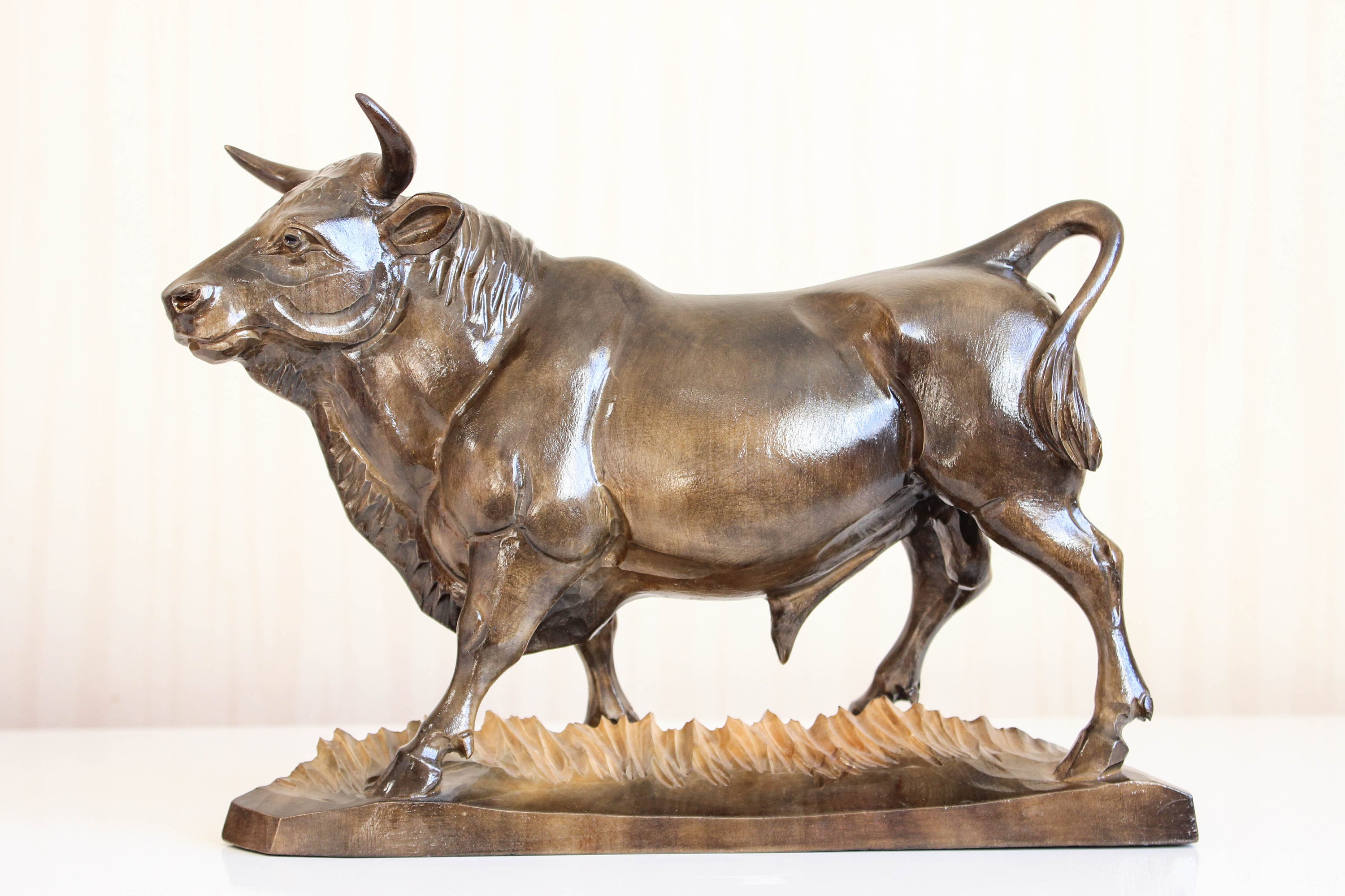 Hand Carved Wooden Bull Sculpture, Dark Grey Buffalo Figurine - Etsy