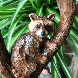 Hand Carved Wooden Cane with Raccoon Handle – Unique Walking Stick, Handmade Wood Carving Gift for Men & Women
