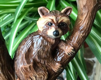 Hand Carved Wooden Cane: Raccoon Handle Walking Stick