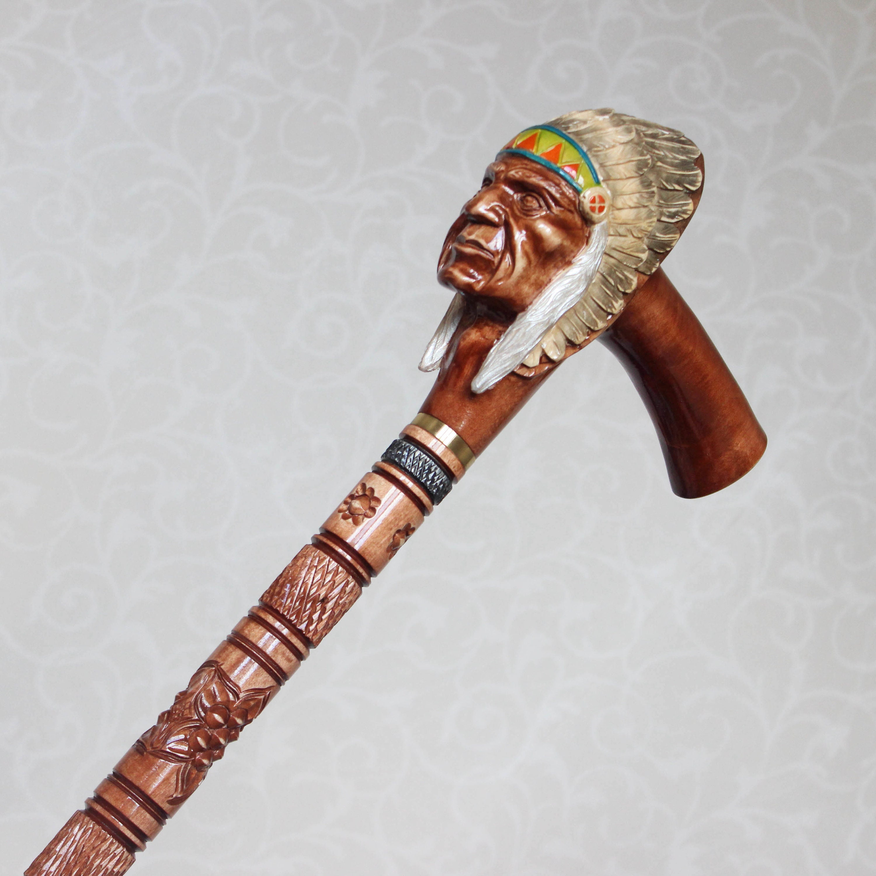 Wooden Walking cane Indian Chief stick Hand Carved Wood Crafted for men  women