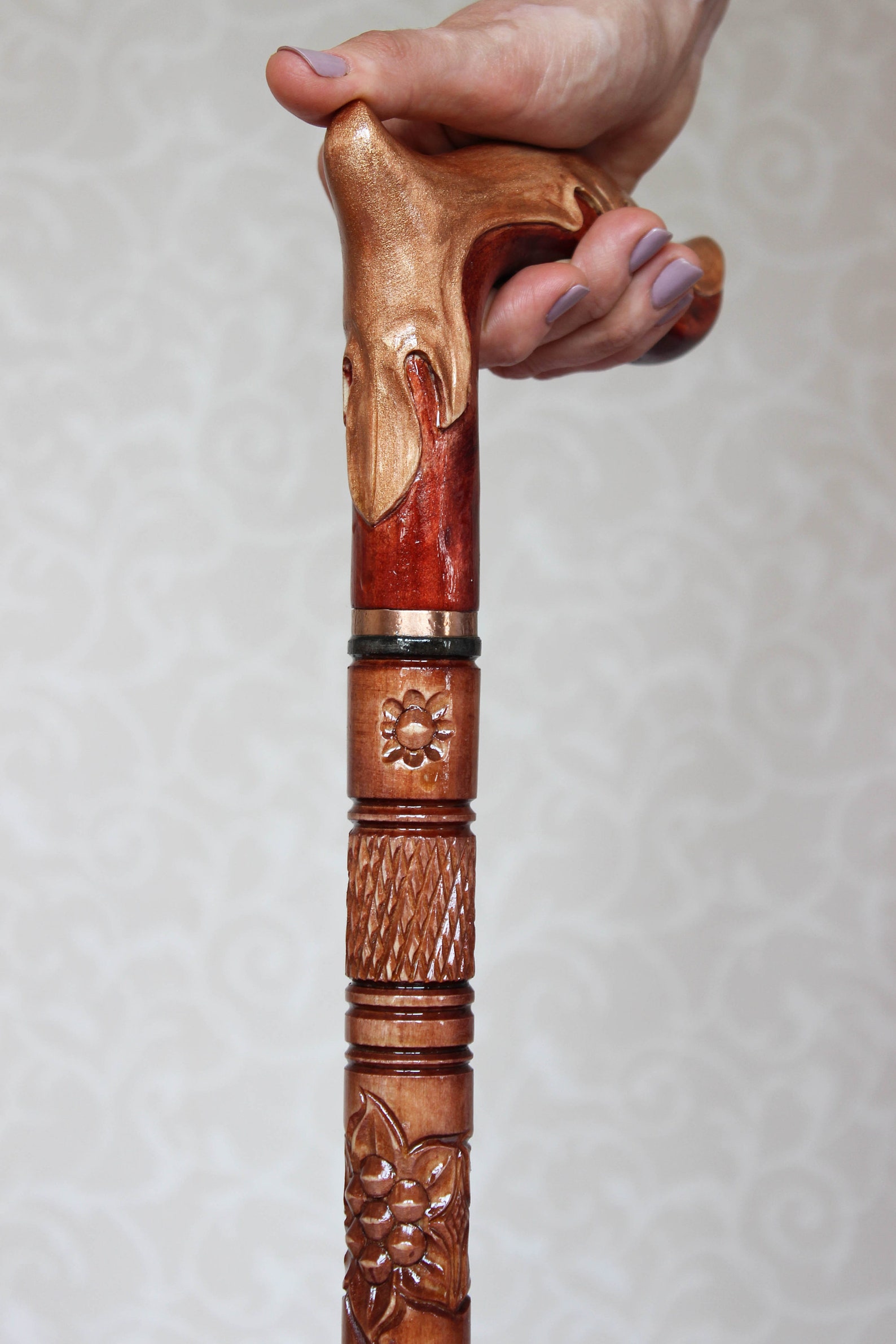 Women's walking cane Hand carved handle and staff Elegant Etsy