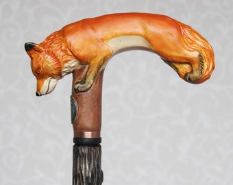 Custom walking cane Runing fox Hand carved handle and shaft