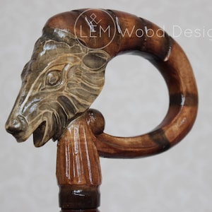 Hand carved walking cane Wooden Ram open Carved handle Wood craft Staff Hiking stick Walking cane from Ukraine Gift Canes and walking sticks