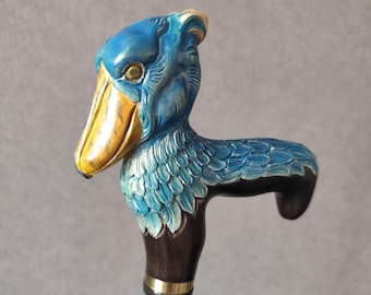 Hand-Carved Walking Cane with Shoebill Crane Handle